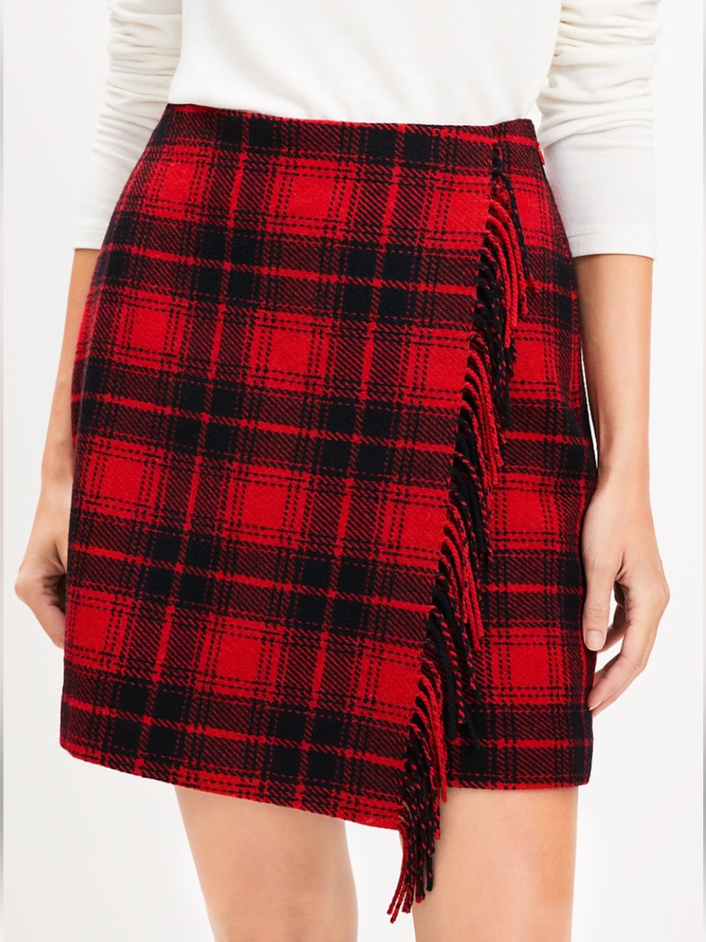 NWT LOFT Red BlackTartan Plaid Wool-Blend Fringed Mini Skirt Cabincore Size 12